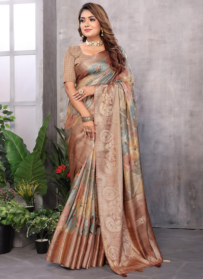 Silk Peach Festival Wear Weaving Saree